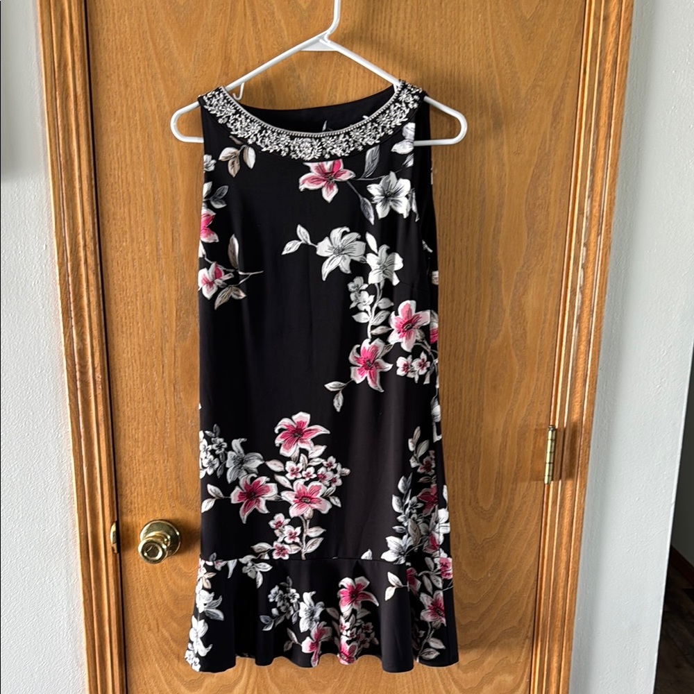 White House Black Market Floral Black Dress with Pink Accents